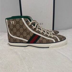 Gucci Beige GG Supreme High-Top Sneaker with Green & Red Stripe